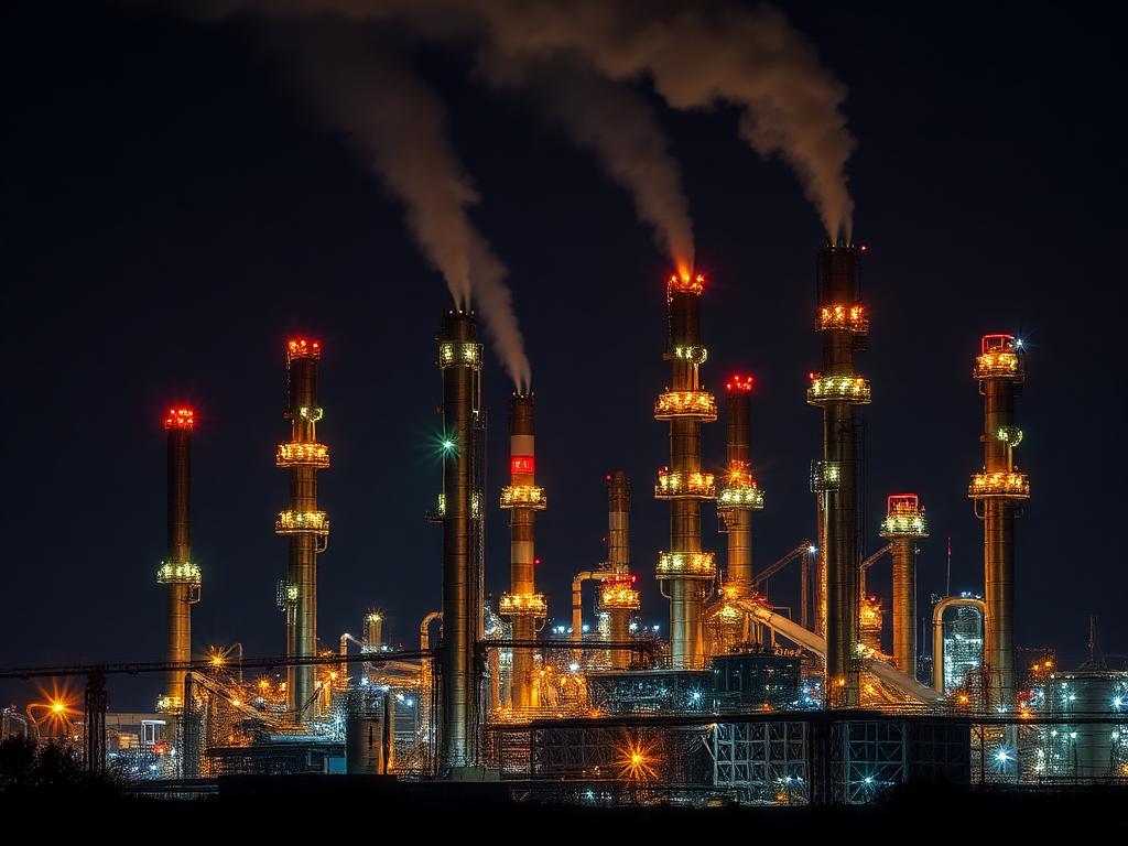 Refinery towers at night